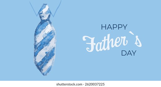 Father s Day poster or banner template with watercolor necktie on blue background.