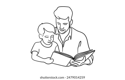 El día del padre y el hijo leyendo un libro de arte en línea continua dibujo aislado sobre fondo blanco. Ilustración vectorial