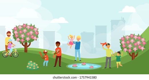 Father s day spent in city park, bright banner, happy child playing baseball with his dad, cartoon style vector illustration. People outdoors, healthy vacation parents play with children, green grass