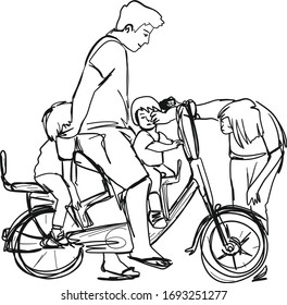 The father sat on the bike with the children waiting for his wife and his wife greeted with his daughter sitting on the bike.