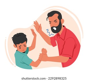 Father Scolding And Abusing Son, Reflecting A Painful And Destructive Dynamic, Causing Emotional And Psychological Harm, Perpetuating Cycles Of Violence And Trauma. Cartoon People Vector Illustration