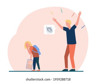 Father scolding child for poor school performance. Flat vector illustration. Angry dad, crying child with failing grade in copybook. School, education, family concept for banner design or landing page