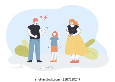 Father scolding daughter flat vector illustration. Little child standing between mother and dad and crying. Family, conflict, anger concept for banner, website design or landing web page