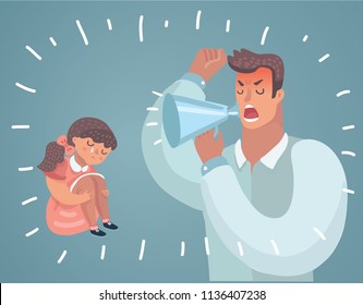 Father Scolding His daughter. Angry Dad Yells at Little Scared girl. Wrong education.