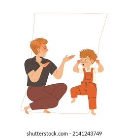 Father Scolding His Son. Crying Boy Covering His Ears With Hands. Family Communication Concept Vector Illustration