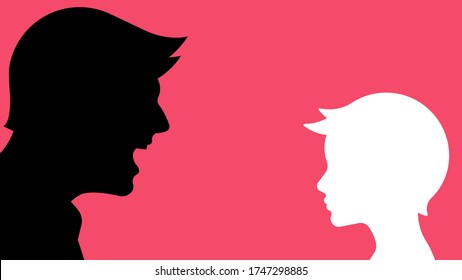 The father scolding his son. Silhouettes of parent and child. Education, punishment, suppression, abuse, growing up.