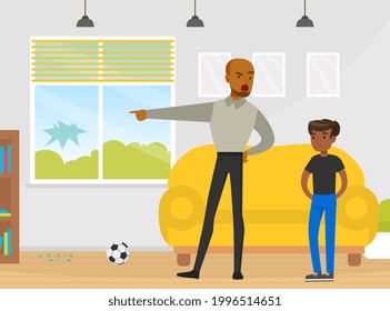 Father Scolding Naughty Boy Who Broke Window in Living Room with Ball Vector Illustration