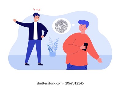 Father scolding son in confusion. Teenager misunderstanding argument of angry parent flat vector illustration. Family conflict, miscommunication concept for banner, website design or landing web page