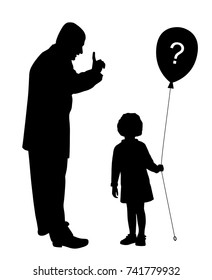 Father scolds. Child does not understand and holds balloon with question mark.