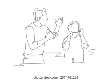 Father scolds daughter. Dad and daughter concept one-line drawing