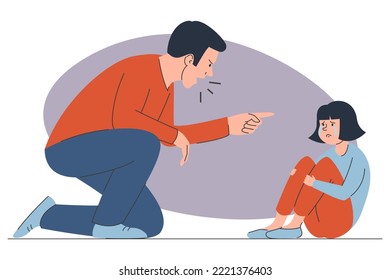 Father Screaming At Daughter Vector Isolated. Illustration Of An Angry Parent Being Aggresive To A Little Child. Girl Crying And Sitting On The Floor. Parental Abuse. Violence In Family.