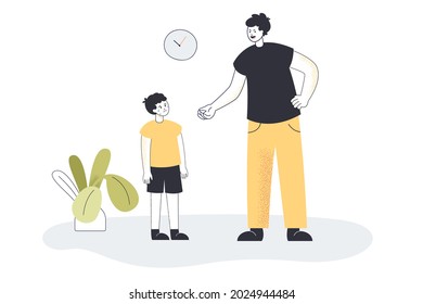 Father screaming at his crying son flat vector illustration. Angry dad punishing and warning sad kid. Difficult relationship between parent and child. Abuse, conflict, rule concept