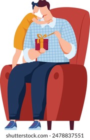 Father seated armchair receives gift daughter. Girl kisses dad while presenting present. Cartoon family celebrating special occasion