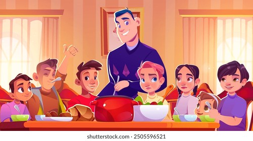 Father serving dinner for kids at home. Vector cartoon illustration of happy man cooking food for children, teenagers having meal together in dining room, fresh salad, bowls and spoons on table