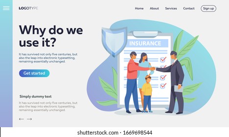 Father Shaking Hands With Insurance Agent. Family Life Insurance Flat Vector Illustration. Insurance Concept For Banner, Website Design Or Landing Web Page
