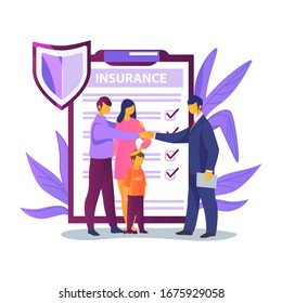 Father shaking hands with insurance agent. Family life insurance flat vector illustration. Insurance concept for banner, website design or landing web page