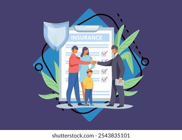 Father shaking hands with insurance agent. Family life insurance flat vector illustration. Insurance concept for banner, website design or landing web page