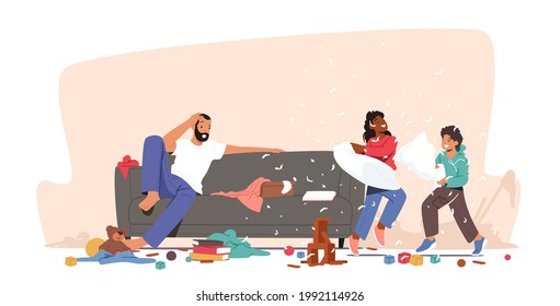 Father Shocked with Kids Bad Behaviour. Home Mess. Naughty Hyperactive Children Characters Fighting on Pillows, Little Boy and Girls Playing and Making Chaos around. Cartoon People Vector Illustration