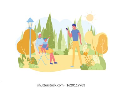 Father Shooting Grandma with Grandchild in Park. Grandmother Holding Little Granddaughter on Knees. Relatives Sitting on Chair under Lantern. Parent Taking Photo on Phone. Vector Flat Illustration