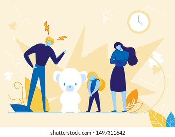 Father Shouting at Daughter for Bad Behaviour Flat Cartoon Vector Illustration. Upset, Sad Girl Listening to Man. Parents Bringing up Child. Wife and Husband Talking to Small Kid. teddy Bear.