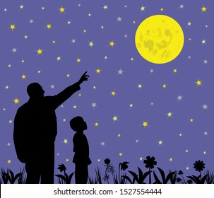 Father Is Showing Full Moon To His Amazed Child. Father Is Pointing At Big Full Moon And His Son Is Looking With Wow Face Expression. Father Is Teaching Kid About Science, Astronomy Or Religion.