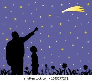 Father Is Showing Shooting Star To His Amazed Child In The Garden. Father Teaching Kid About Science, Astronomy And His Son Can Make A Wish By Seeing At Falling Star. Kid With Wow Face Expression.