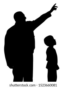 Father Is Showing Something Up To His Amazed Son. Man Is Pointing At Something Upwards By Hand Gesture. Little Child Is Looking With Wow Face. 