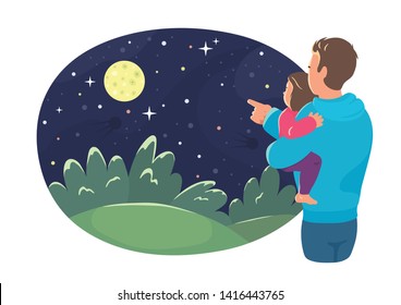 Father Shows Her Daughter  Moon And Stars. Dad Holding Baby Girl And Looking On The Night Starry Sky.