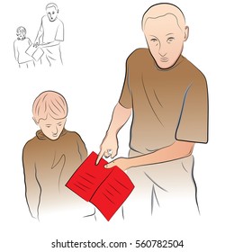 father shows his son - teenager notebook and shouts. father's relationship with his son. psychological attitudes of adults and children. black and white, hand-drawing picture