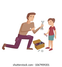 Father shows tools and teaches boy how to use it and repair smith near is the box of instruments vector cartoon illustration