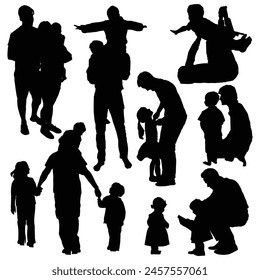 Father silhouette set: silhouette of father holding child, fathers day element, silhouette of father walking with child, Father and his child at sunset.