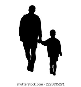 Father silhouette with son walking vector illustration. Adult man holds child by the hand. Shadow dad and kid. Fatherhood concept isolated