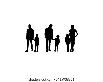 Father silhouette with son walking vector illustration. Dad and son icon sign or symbol. Fatherhood logo. Silhouette of father holding child, Father's Day element.