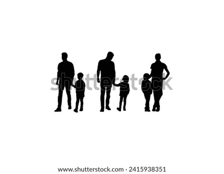 Father silhouette with son walking vector illustration. Dad and son icon sign or symbol. Fatherhood logo. Silhouette of father holding child, Father's Day element.