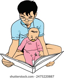 A father sits and reads a story book to his child, strengthening the child's imagination.