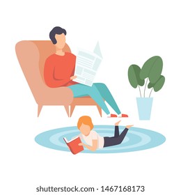 Father Sitting in Armchair and Reading Newspaper, His Little Son Lying on Floor on His Stomach and Reading Book, Family in Everyday Life at Home Vector Illustration