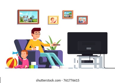 Father sitting on armchair watching tv switching channels with remote looking after baby son playing toys. Babysitter man sitting with toddler kid boy in living room. Flat vector isolated illustration