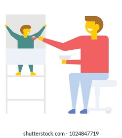 A father is sitting on the bench and her baby in in stroller, flat vector icon 