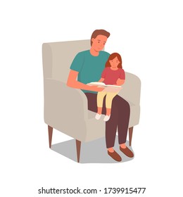 The father is sitting on a chair with a small daughter and reading a book. Cute baby on dads lap, having a good time together. Flat cartoon vector illustration.
