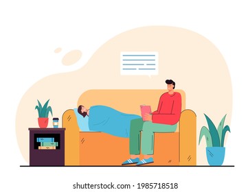 Father sitting on sofa, reading book to sleeping daughter. Family spending time together at home flat vector illustration. Parenthood, care concept for banner, website design or landing web page.