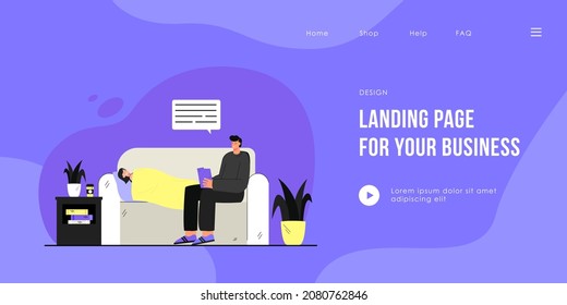 Father sitting on sofa, reading book to sleeping daughter. Family spending time together at home flat vector illustration. Parenthood, care concept for banner, website design or landing web page.