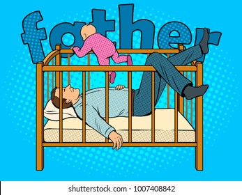 Father sleeps and baby escape from playpen pop art retro vector illustration. Color background. Comic book style imitation.
