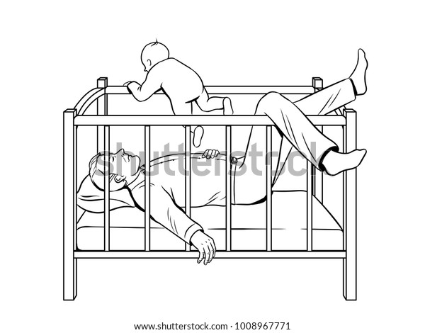 Father sleeps and baby escape from playpen\
coloring vector illustration. Isolated image on white background.\
Comic book style\
imitation.