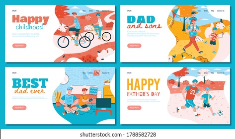 Father and son active during vacations weekends or at leisure. Playing video games riding bicycles walking with a kite and soccer. Colorful set of landing page templates