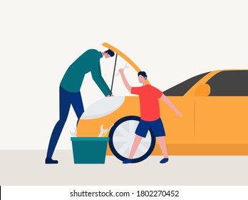 Father and son activity vector concept: a Father fixing the car engine  together with his son