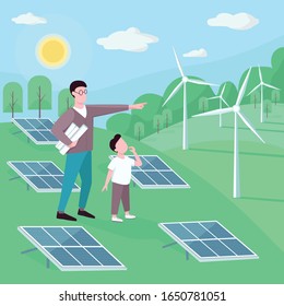 Father and son at alternative energy station flat color vector illustration. Renewable power generation. Man and kid near solar panels, wind turbines 2D cartoon characters with landscape on background