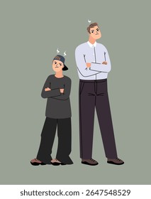 Father and son angry and offended to each other after quarrel. Hurts of close people vector illustration original artwork