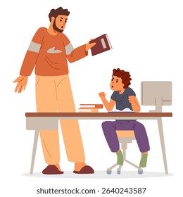 Father and son arguing because of homework at home flat vector illustration isolated on white. Homeschooling concept.
