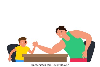 father and son arm wrestling competition vector illustration