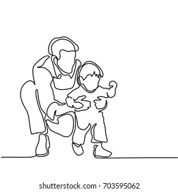 Father and son baby beginning to walk. Continuous line drawing. Vector silhouette